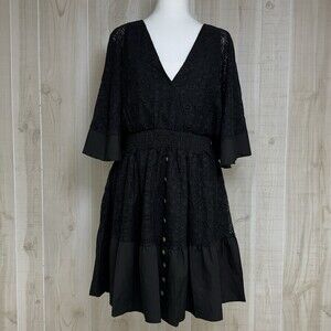 Womens V Neck Beach Boho Lace Rompers Black Flare Sleeve Sz L